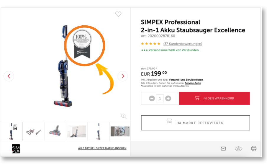 Ausschnitt aus dem Online Shop von interspar.at, auf welchem ein Produkt mit User Generated Content beworben wird